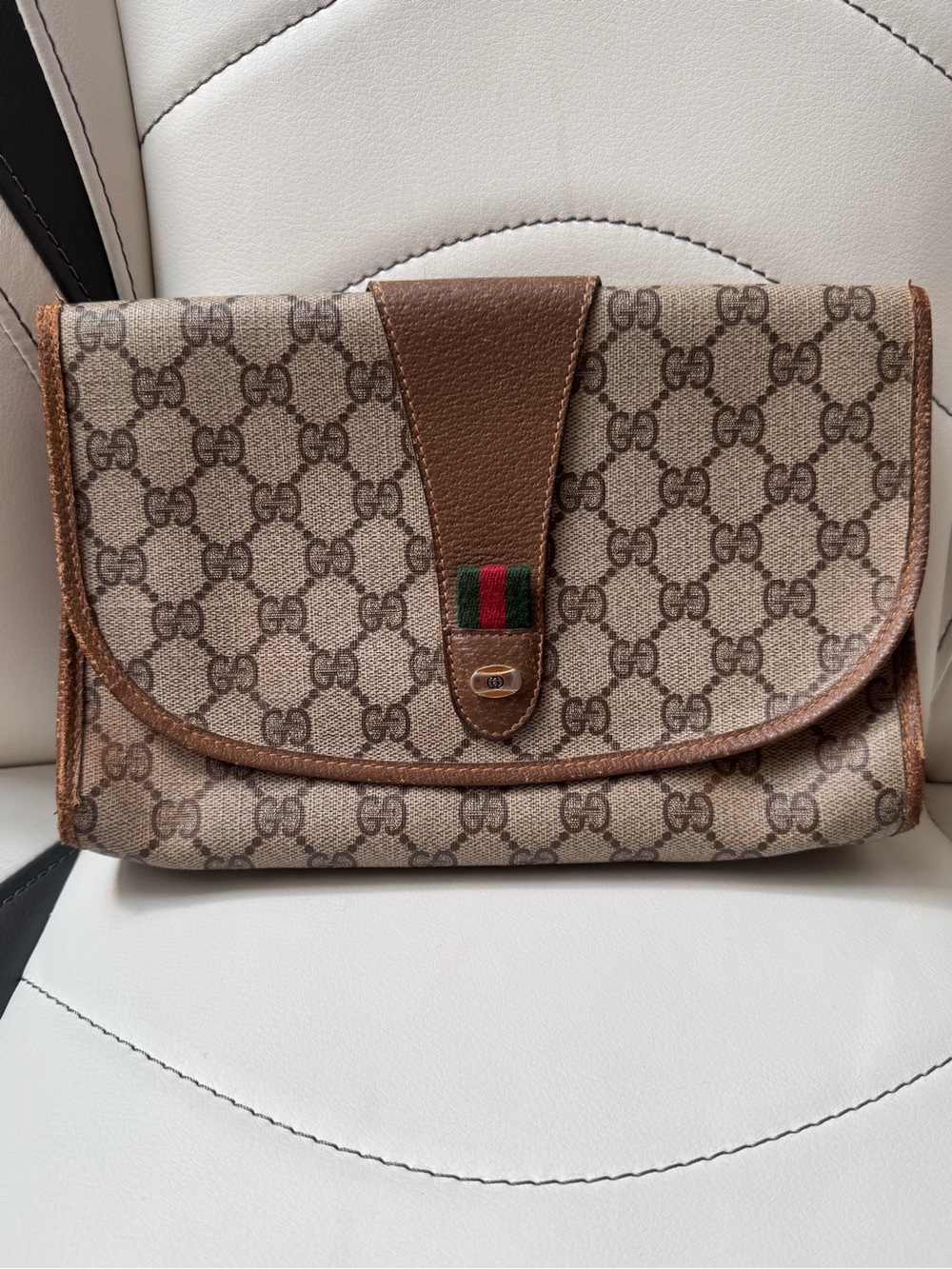 Gucci Beige GG Monogram Canvas Clutch with Brown Leather Trim and Green-Red Web